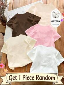 (Random Pattern, Randomly Ships 1 Of 5) Girls' Fashion Creative Fresh Leopard Print Bow Design Fun Letter Pattern Printed Basic Short Sleeve T-Shirt - Pink - View 2