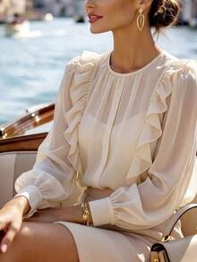 Balvessa Women's Apricot French Ruffle Chiffon Blouse, Lightweight Sheer Lantern Sleeve Top, Commute Vacation Gentle Style Versatile Shirt - Apricot - View 3
