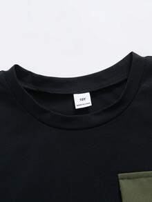 2pcs/Set Boys' Crew Neck Short Sleeve Contrast Color Cargo Pocket T-Shirt & Matching Shorts, Suitable For Summer Outdoor, Commute, School, Sports - Army Green - View 3