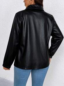 EMERY ROSE Plus Size Women's Hot-Selling Elegant Solid Color Leather Jacket With Lapel And Stand Collar, Long Sleeve Slimming Minimalist Design With Multi-Functional Pockets, Suitable For Daily Wear, Commuting, Dating And Gatherings - Black - View 2