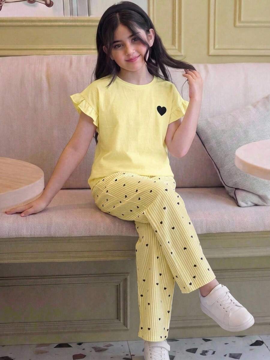 SHEIN 兒童青少年女孩 T-shirt 套裝 梭織條紋黃色短袖愛心印花 T-shirt 條紋黃色返校長褲休閒套裝 - 黃色 - 查看 1