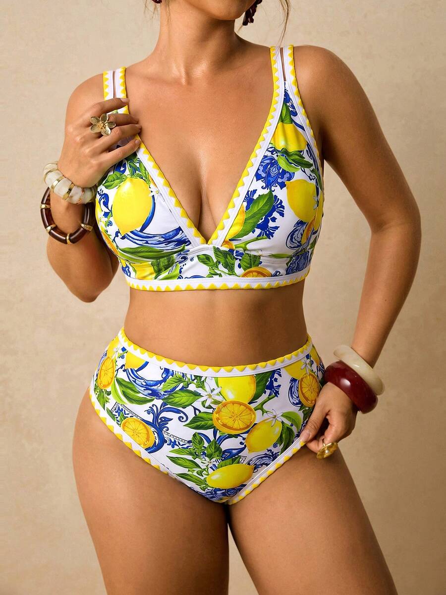 Travachic Conjunto de bikini con estampado de limón para mujer talla grande para vacaciones en la playa - Multicolor - View 1