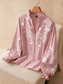 Elaquor 大尺碼女款花卉刺繡長袖單排扣休閒襯衫 秋季 - 粉色 - 查看 2