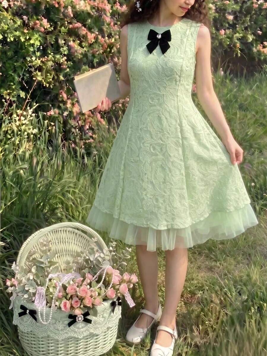 SHEIN Soft Breathable Sleeveless Tank Dress, Summer Embossed Lace Flowy Maxi Dress, Versatile Summer Dresses For Teen Girls For Outdoor Travel - Green - View 1