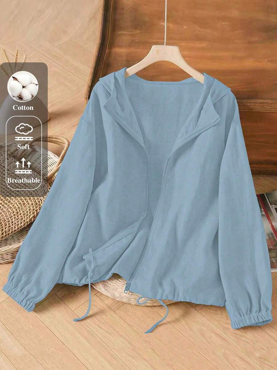 Linhara Chaqueta con capucha de lino informal para mujer de talla grande - Azul - Ver 1