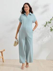 GentleRue Maternity 孕婦純色短袖前開扣休閒哺乳連身褲 - 藍色 - 查看 7