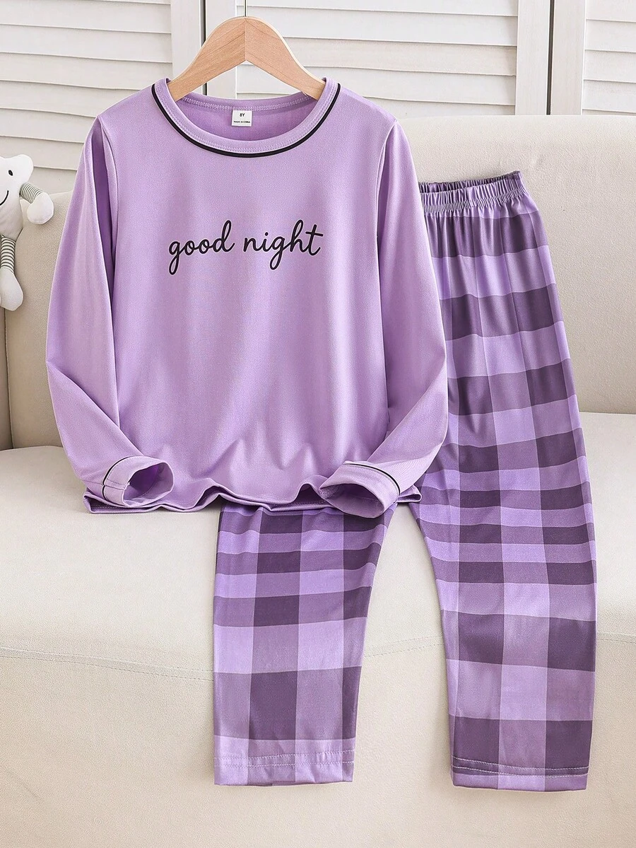 Girls' Simple Plaid Long Pants & English Letter Print Long Sleeve Casual 2 Pieces Loungewear Set - Purple - View 1
