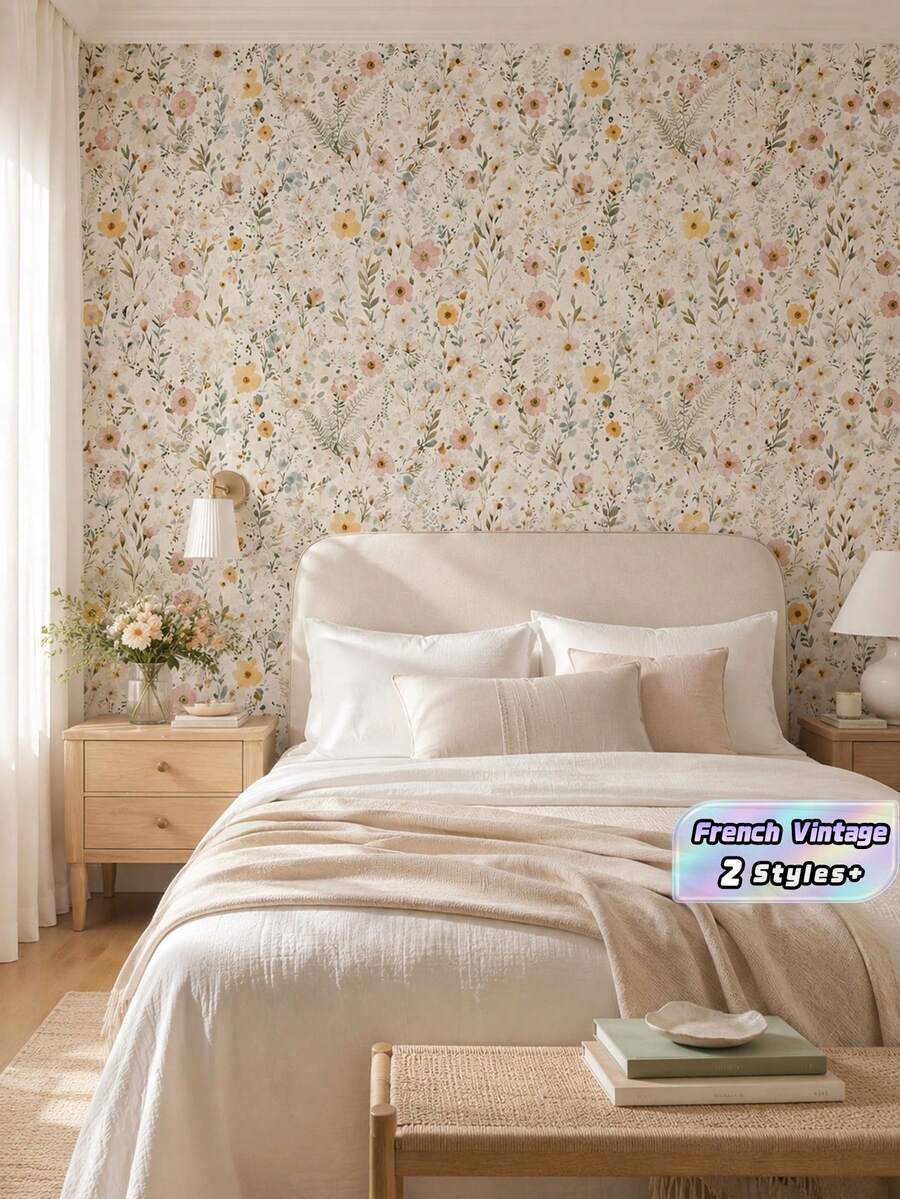French Floral Peel And Stick Wallpaper, Ins Vintage Small Flower Contact Paper, Self Adhesive Furniture Renovation Sticker, Renter Friendly Tv Backdrop Wall Paper, Waterproof Floral Cabinet Wrap, Diy Removable Floral Wall Decor - Multicolor - View 1