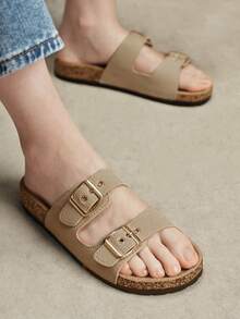 Solecia Rice Apricot Simple Double-Buckle Cork Sandals, Summer Versatile Flat-Bottomed Outer Slippers - rice apricot - View 4