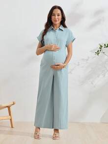 GentleRue Maternity 孕婦純色短袖前開扣休閒哺乳連身褲 - 藍色 - 查看 1