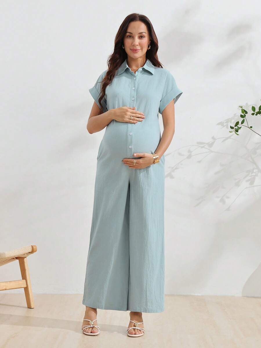 GentleRue Maternity 孕婦純色短袖前開扣休閒哺乳連身褲 - 藍色 - 查看 1