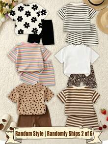 (6 conjuntos aleatorios, se envían 2 conjuntos) Conjunto de 2 piezas de camiseta corta básica y pantalones de ciclismo para bebé niña con estampado de rayas coloridas, flores, leopardo, conejo de dibujos animados y letras, atuendo clásico de rayas de dibujos animados para verano, otoño y todas las estaciones - Multicolor - Ver 2