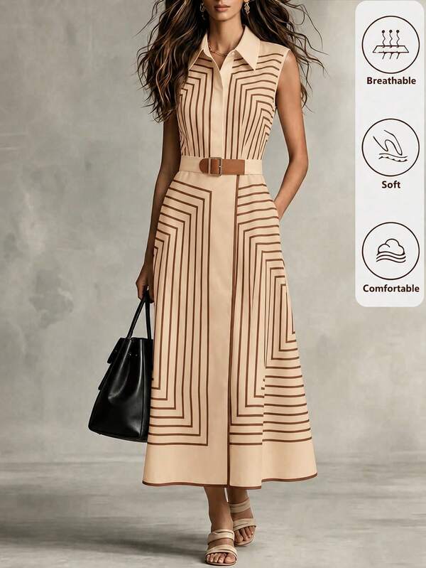 Balvessa Gaun Kemeja Tanpa Lengan Bergaris Geometris Warna Aprikot untuk Wanita, Gaun Midi A-Line dengan Ikat Pinggang, Gaun Kasual Elegan untuk Kerja, Liburan & Pesta