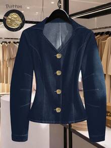 GlowEve CURVE Plus Size Women's Metal Single-Breasted Long Sleeve Fashion Denim Top - Blue - View 1
