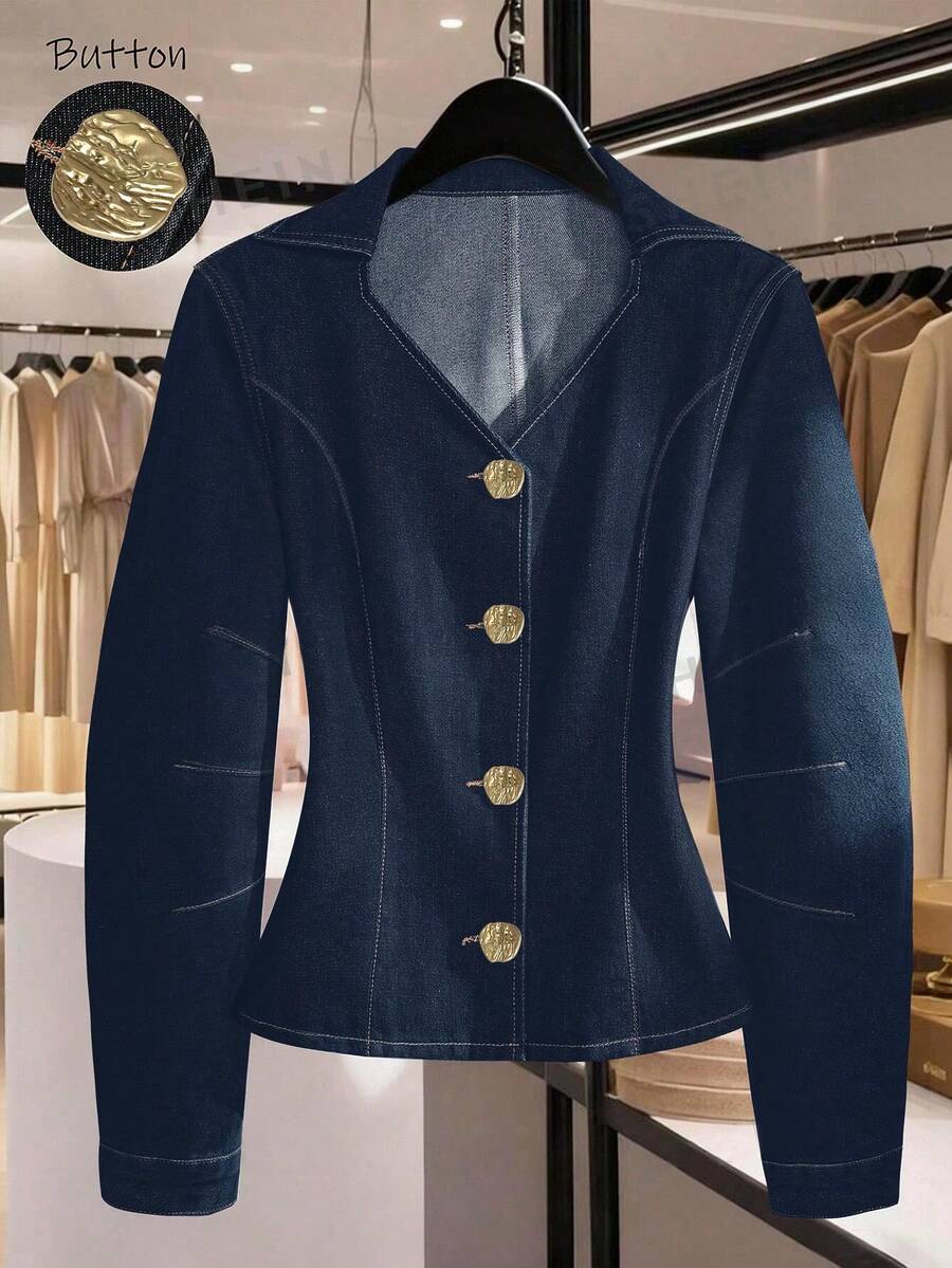 GlowEve CURVE Plus Size Women's Metal Single-Breasted Long Sleeve Fashion Denim Top - Blue - View 1