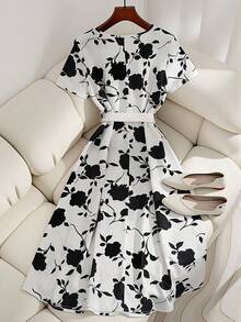 Franclia French Style Elegant Woven Belted Round Neck Short Sleeve Fitted Summer Dress For Women - Multicolor - View 2
