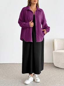 SHEIN Essnce Plus Size Women's Solid Color Spaghetti Strap Dress And Long Sleeve Cardigan Casual Daily 2-Piece Set - Red Violet - View 5