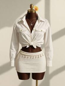 Franclia Blusa asimétrica de oficina con decoración de botones para mujer - Blanco - Ver 8
