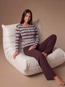 Lazeform Women's Striped Print Fitted Round Neck Long Sleeve Pants Pajama Set - Brown - View 5