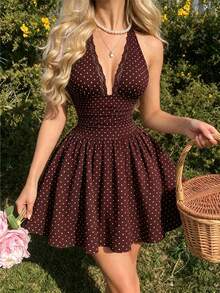 GlowEve Women's Halter Neck Sleeveless Waist-Cinching A-Line Short Dress, Bow Tie, Brown And White Polka Dot Pattern, Textured Fabric, Summer Elegant Holiday - Burgundy - View 6