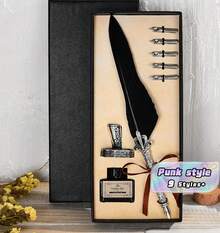 1 Feather Pen Set, Shiny Feather Pen Set, Retro Calligraphy Ink Pen (Including Ink), 2 Replacement Pen Tips, Pen Holder, Luxurious Retro Signature Pen, Easter And Halloween Letter Writing Pen. - Multicolor - View 1