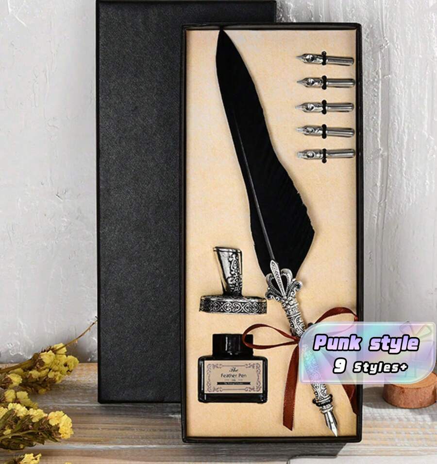 1 Feather Pen Set, Shiny Feather Pen Set, Retro Calligraphy Ink Pen (Including Ink), 2 Replacement Pen Tips, Pen Holder, Luxurious Retro Signature Pen, Easter And Halloween Letter Writing Pen. - Multicolor - View 1