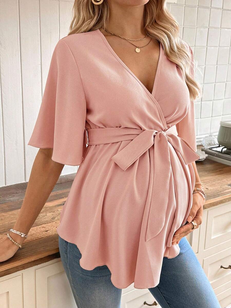SHEIN 孕婦V領百褶純色時尚襯衫附腰帶 - 藕粉色 - 查看 1