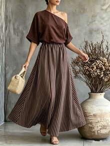 SHEIN Women's Summer Dress, Elegant Dress, Beach Dress, Outing Dress, Casual Dress, Business Dress, Vacation Dress, Striped Dress, Brown Dress - Brown - View 5