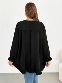 Shapeblank Damen-Bluse in großen Größen für Frühling/Herbst, lässig, locker, bequem, vielseitig, schlankmachend, mit Rüschensaum, schwarz, langärmlig, süßes Top, Herbstkleidung, Ausgeh-Top, minimalistischer Stil - Schwarz - Übersicht 3