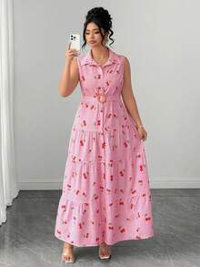 Elenzga elegantes süßes Blumen-Allover-Kirschmuster ärmelloses Hemdkragen einreihiges großes A-Linien-Kleid in Große Größen, schlankmachendes mehrschichtiges Patchwork-Kuchenrock-Design, geeignet für tägliches Pendeln, Ausflüge, Urlaub, Party, Date, Reisen - Pink - Übersicht 8