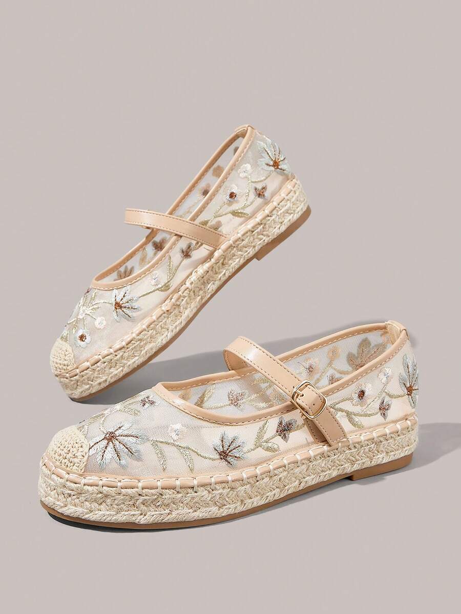 Styleloop 春夏杏色網紗刺繡花草底女款平底瑪麗珍鞋,適合度假旅行、海灘 - 裸色 - 查看 1