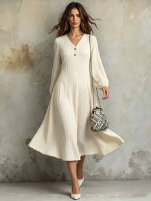 SHEIN Franclia Women's Solid Color Jacquard V-Neck Dress, Elegant Linen Dress Dress With Scarf French Style Dress Cottagecore Linen - Apricot - View 1