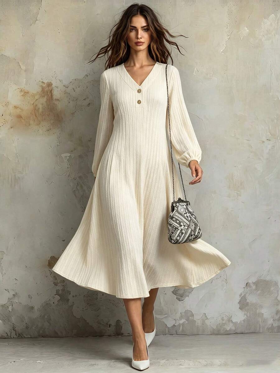 SHEIN Franclia Women's Solid Color Jacquard V-Neck Dress, Elegant Linen Dress Dress With Scarf French Style Dress Cottagecore Linen - Apricot - View 1