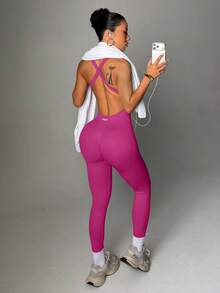 SHEIN Sports 女款無袖性感運動連身褲 - Red Plum - 查看 4