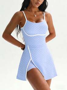 CourtClass CourtClass Gaun Olahraga Golf Wanita Musim Semi/Panas, Tali Bahu Tipis, Motif Polkadot, Ikat Pinggang Warna Kontras, Belahan Depan, Celana Pendek Lepas Pasang dengan Saku, Tenis, Gym - Biru - View 5