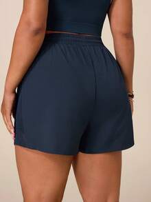 SHEIN Rhythm Era Celana Pendek Olahraga Yoga Luar Ruangan Ukuran Plus Wanita dengan Pinggang Berbahan Jala dan Tali Serut - Navy Blue - View 3