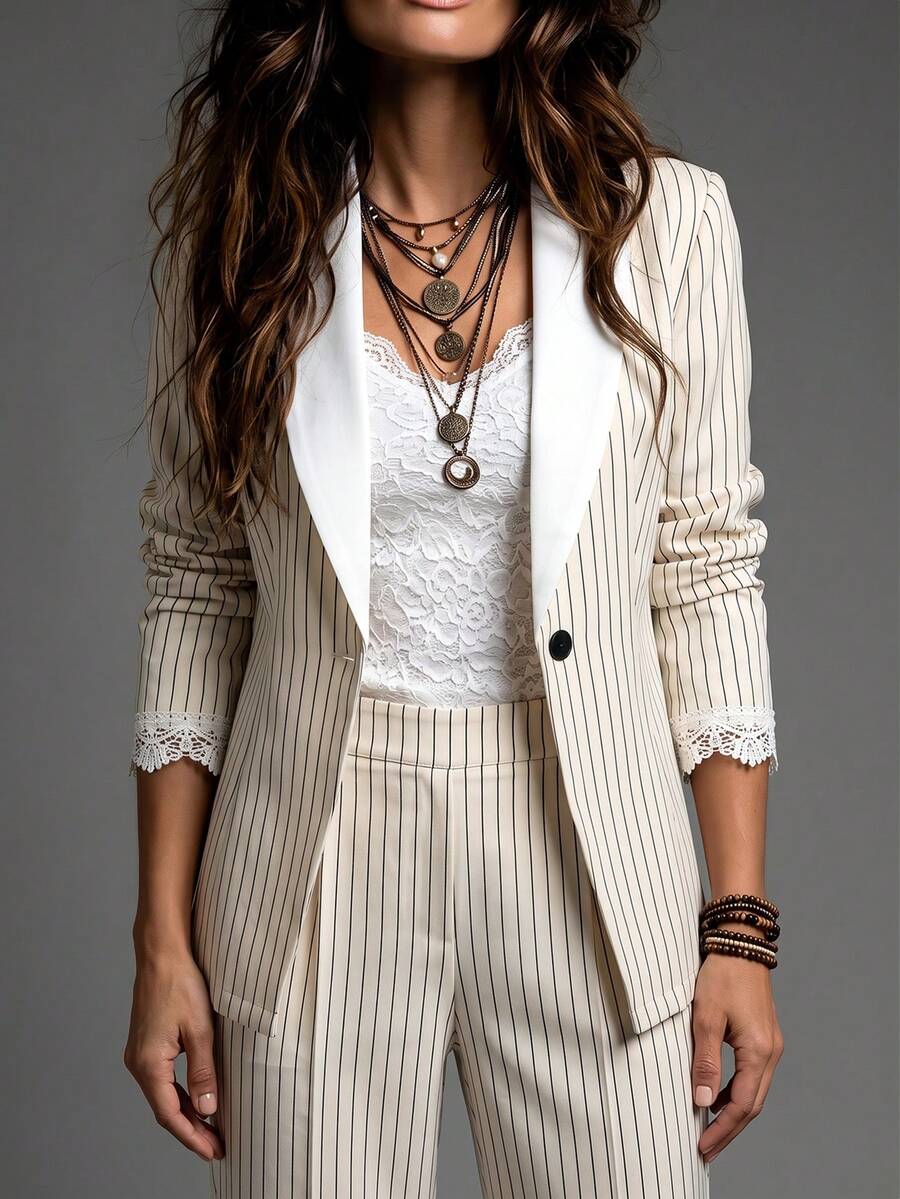 SHEIN Women's Business Striped Lace Patchwork Button Jacket And Contrast Color Pants Suit Set - White - View 1