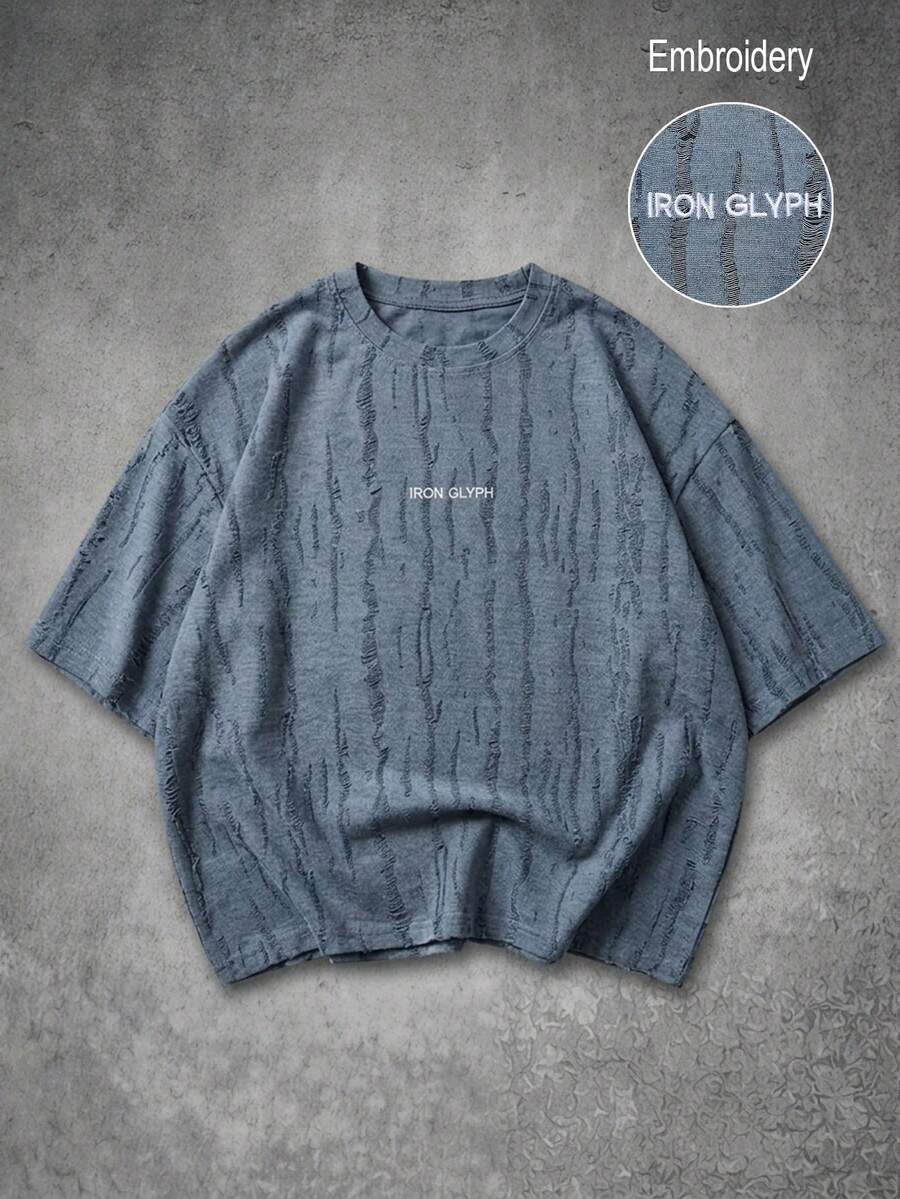 IRON GLYPH Men's Blue Distressed Fabric Embroidered T-Shirt - Blue - View 1