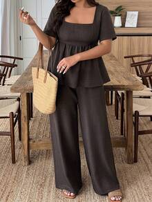 Weeklong Plus Size Women's Spring/Summer Square Neck Ruffle Hem Casual Vacation Set Elegant - Coffee Brown - View 6