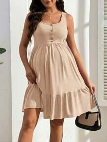 GentleRue Maternity Solid Color U-Neck Sleeveless Ruffle Trim Casual Comfortable Nursing Dress For Summer - Apricot - View 7