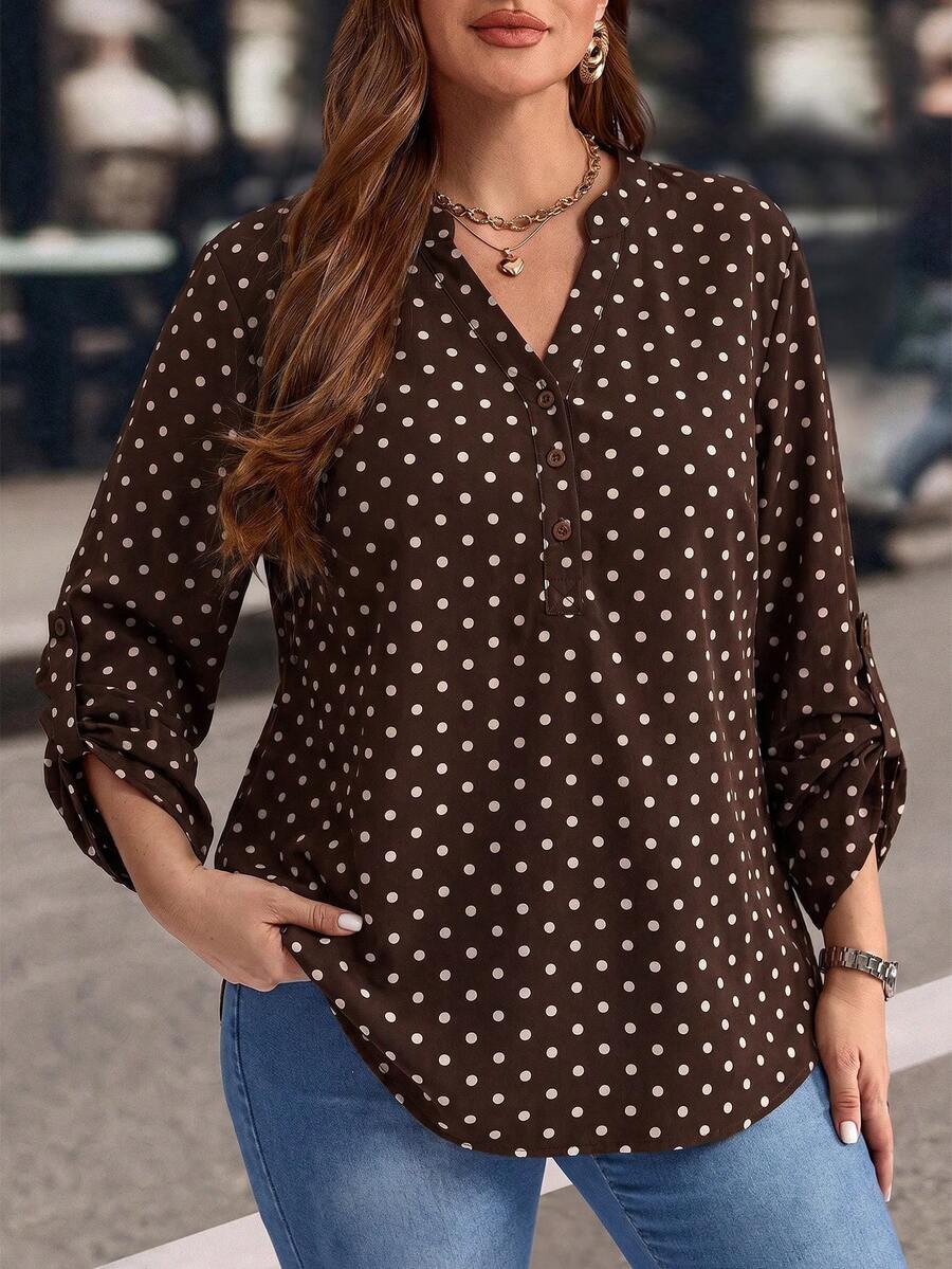 EMERY ROSE Plus Size Women's Solid Camel Notch Neck Roll Up Long Sleeve Button Loose Blouse Casual Daily Going Out Fashion Tops Fall Fashion 2026 - Brown - View 1