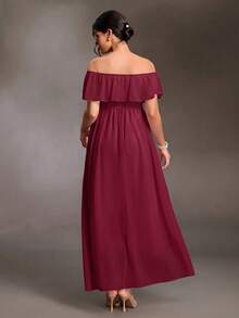 Cheriluna Maternity Elegant Off-Shoulder Ruffle Sleeve Side Slit A-Line Chiffon Maternity Dress - Burgundy - View 2