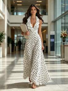 SHEIN PariChic Women's Patchwork Ruffle Polka Dot Print Halter Neck Elegant Dress - Black and White - View 7