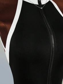 Amplova 女款拼色前領拉鍊運動連身褲，露背設計，優雅健身風，時尚休閒運動黑色健身裝 - 黑與白 - 查看 6
