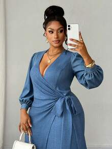 Maweii Plus Size Sexy Lace-Up Wrap Jumpsuit Fall - Blue - View 2