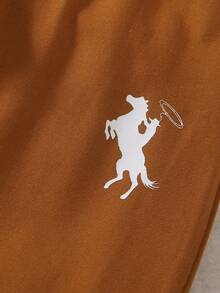 4-7岁儿童春/秋/冬针织圆领可爱小马印花长袖T恤和针织小马印花运动裤套装，适合日常穿着、运动、度假、聚会、节日、休闲外出等场合，必备基础款 - 棕色 - 查看 6