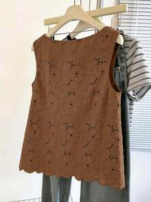 Lacomfia Camiseta de tirantes elegante para mujer con escote en V, diseño floral calado francés, color verde, sin mangas, efecto estilizante, para verano - Óxido marrón - Ver 2