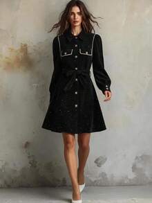 Franclia Long Sleeve Solid Color Black & Gold Lace Trim Dress, Elegant Style For Autumn/Winter - Black - View 1