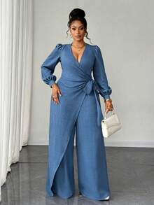 Maweii Plus Size Sexy Lace-Up Wrap Jumpsuit Fall - Blue - View 3