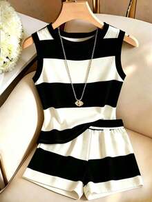 GlowEve Women's Summer Casual Colorblock Striped Tank Top And Shorts 2 Pieces Set - Black and White - View 3